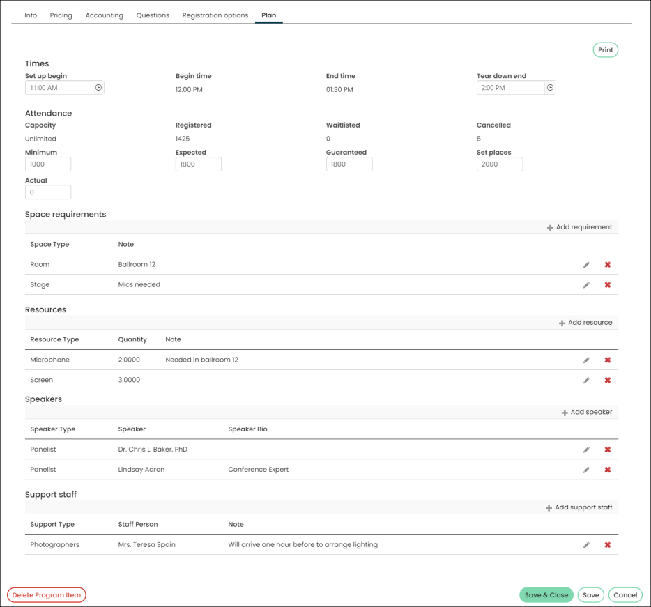 From the registration option or program item, click the Plan tab.